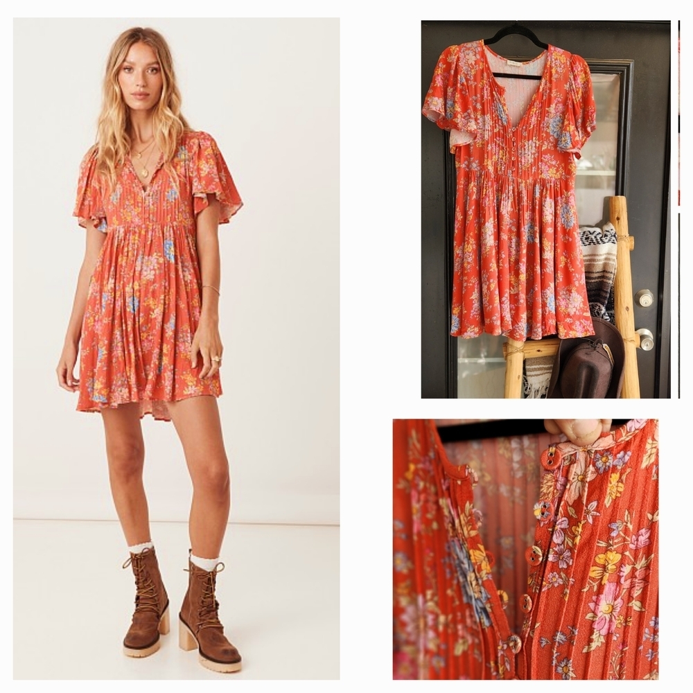 Floral Red Dress with Button Details - Picture 1 of 2